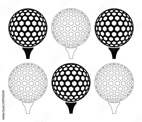 Golf ball vector set, six distinct golf ball and tee illustrations, black and white sports equipment graphics, hexagonal dimple pattern for golf club branding, athletic event design elements.