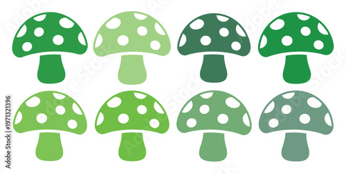 Green mushroom vector set, eight spotted toadstool illustrations, whimsical fungi collection, nature-inspired graphic elements for design projects