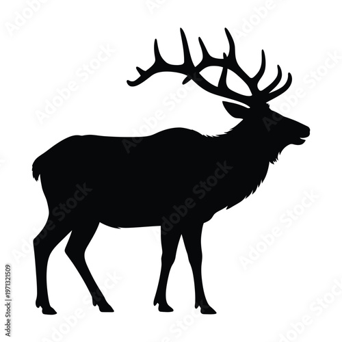 Silhouette of a majestic elk with large antlers in profile view