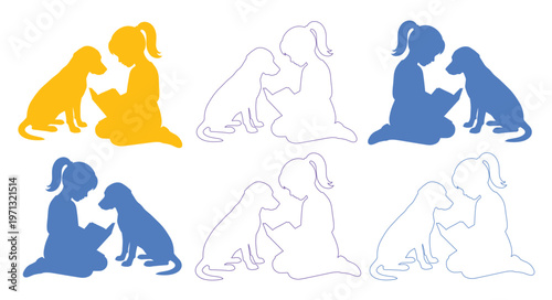 Child and dog silhouette vector set, six variations of a girl petting a puppy, heartwarming pet care and friendship illustrations, perfect for veterinary clinics and animal welfare designs.
