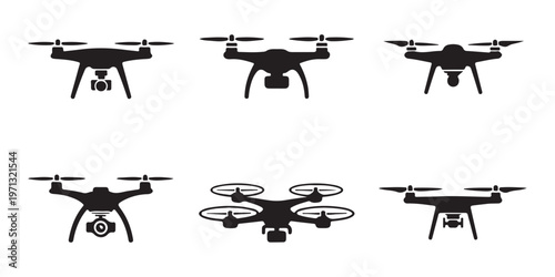 Modern drone silhouettes set for aerial photography and surveillance technology black quadcopter icons.