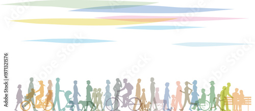 横から見た歩く人々。老若男女、車いすの人、自転車などのイラスト