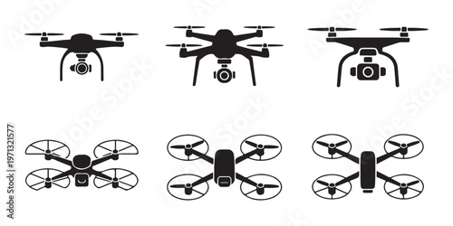 Assorted drone silhouettes collection for aerial videography and remote control aircraft technology.