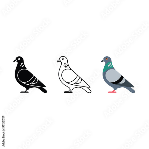 Three depictions of a pigeon in varying styles and color schemes