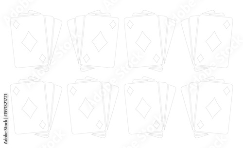 Minimalist playing cards vector set, eight stacks of white diamond suit cards, simple casino game elements, graphic resource for gambling and entertainment design