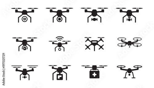 Comprehensive drone silhouette icon set including delivery medical and photography quadcopter models.