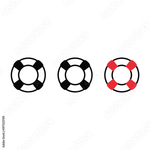 Three variations of a life preserver icon in grayscale and red