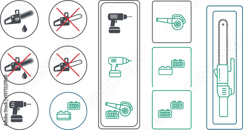 Industrial Power Tools and Battery Operated Garden Equipment Icon Set