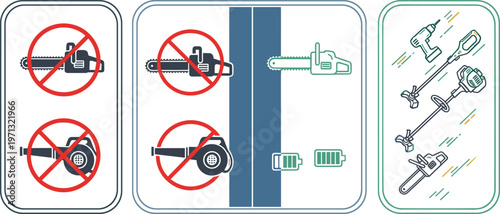 Adobe Illustrator ArtworkElectric Garden Tools Comparison Set - Cordless Battery Powered vs Petrol Prohibited Signs and Symbols