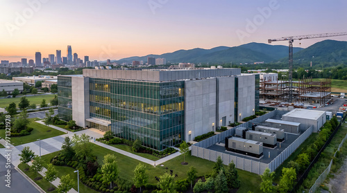 Modern office building complex with glass curtain walls and concrete structures surrounded by greenery at dusk