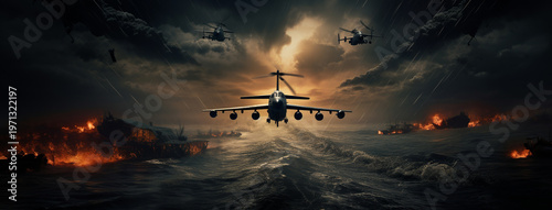 an image of a military aircraft flying over the sea