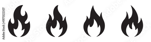 Black fire flame icon set vector illustrations of burning elements isolated on white for energy or heat design.