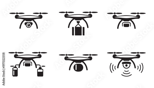 Drone with camera and cargo delivery capability in various designs and functions isolated vector illustrations.