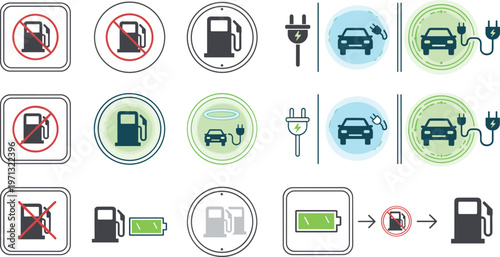 Set of Electric Vehicle Charging and No Gas Station Infrastructure Icons for Eco-Friendly Transport