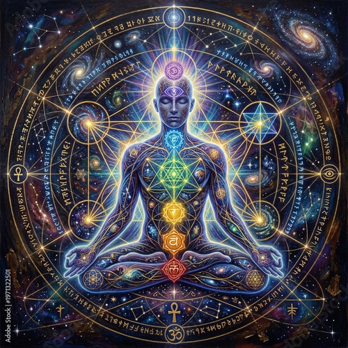 Meditating figure with colorful chakras in cosmic background  