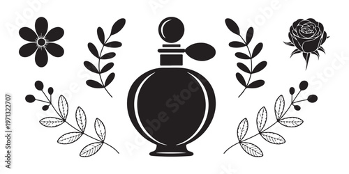 Minimalist black silhouette perfume bottle with floral branches and rose element isolated on white background.