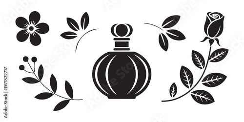Vintage style perfume atomizer silhouette with leaves and blooming rose icons for cosmetic branding and design.