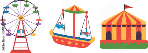 Carnival rides set ferris wheel swing boat circus tent colorful amusement park vector illustration