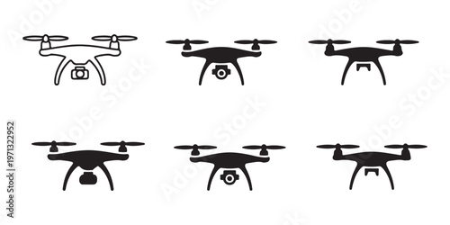 Collection of drone illustrations in black and white, depicting various models and functionalities.