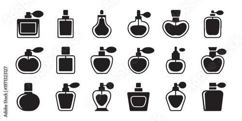 Perfume bottles vector icon set, collection of elegant cosmetic containers, black silhouette on white.