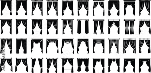Curtain silhouette set window drapes collection black isolated interior decor vector illustration design bundle
