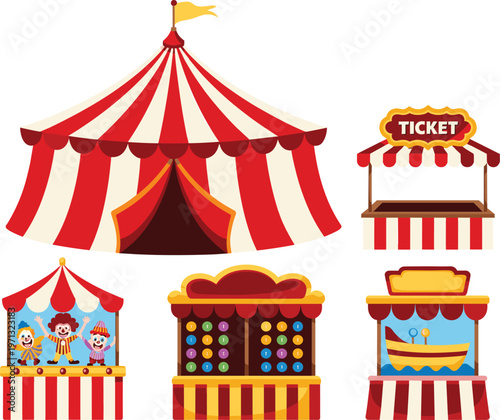 Colorful circus carnival illustration with striped tent, ticket booth, clown game stalls festive vector design