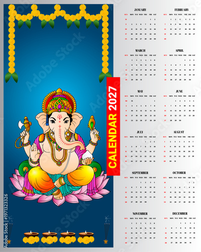 2027 Wall Calendar Hindu Lord Ganesha Poster with Marigold Garland Diya Festival Design 12 Month Full Year Layout