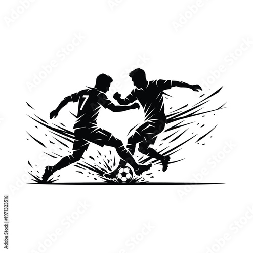 Two Soccer Players Competing for Ball Silhouette – Intense Football Duel Action Illustration
