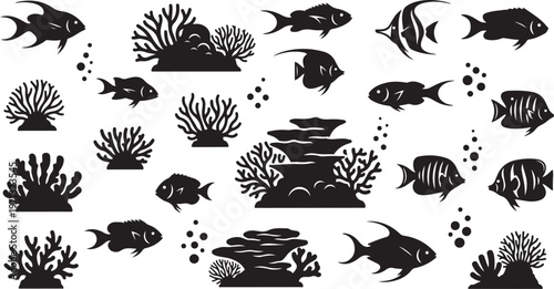 underwater fish coral silhouette set black.