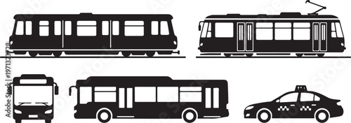 urban transport metro tram bus taxi silhouette set black flat vector