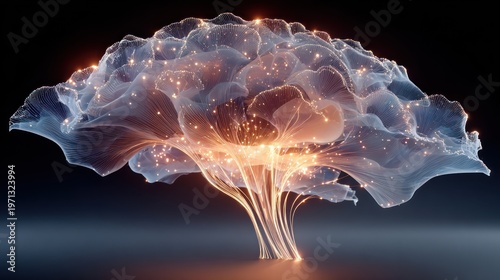 Transparent brain with glowing neural network against dark background