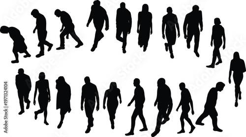 Collection of diverse walking people silhouette illustrations showing human gait, posture variations, stride movements, dynamic poses, and artistic design elements for graphics