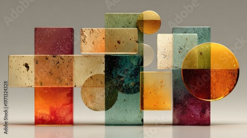 Abstract arrangement of translucent colored blocks and circles