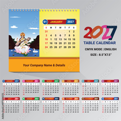 2027 Table Calendar Hindu Goddess Saraswati Design Printable Desk Calendar Template CMYK Editable