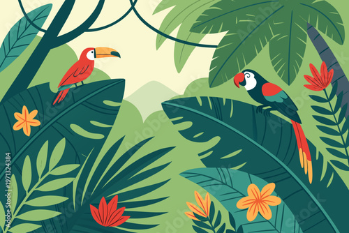 Tropical Rainforest with Exotic Birds and Colorful Tropical Leaves