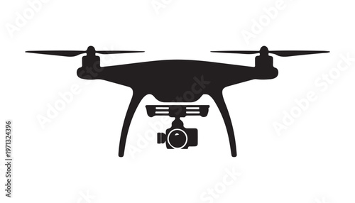 Silhouette drone vector icon showcasing a sleek unmanned aerial vehicle with a camera attached.