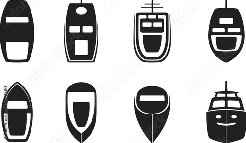 Collection of eight diverse boat silhouette vector icons showing motorboats, yachts, ships, overhead deck layouts, hull designs, and artistic watercraft illustrations