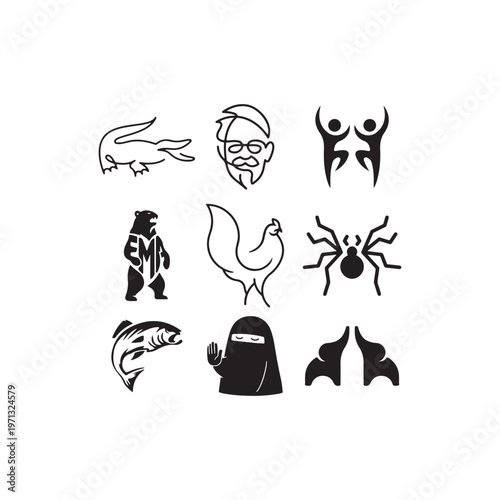 Nine black-and-white characters in various poses, featuring various symbolic images and images of animals