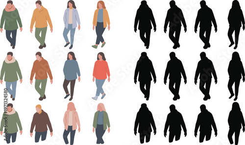 Collection of diverse winter people illustrations with matching silhouette figures, casual clothing poses, walking and standing characters, design comparison for stock graphics