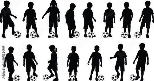 Black silhouette vector collection of school children playing soccer with footballs for youth sports, physical education, and active childhood lifestyle.