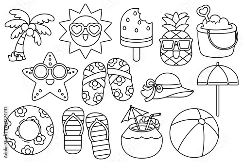 Beach Summer Outline Set cartoon style illustration