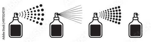 Set of spray icons vector illustration, various forms of liquid release from spray bottle silhouette.