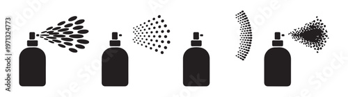Set of spray icons vector illustration, various forms of liquid release from spray bottle silhouette.