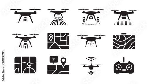 Drone and map icon set, such as agricultural drones, mapping, monitoring, and remote control.