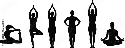 Black silhouette vector collection of diverse people practicing yoga, meditation, and stretching poses for fitness, wellness, and healthy active lifestyle.