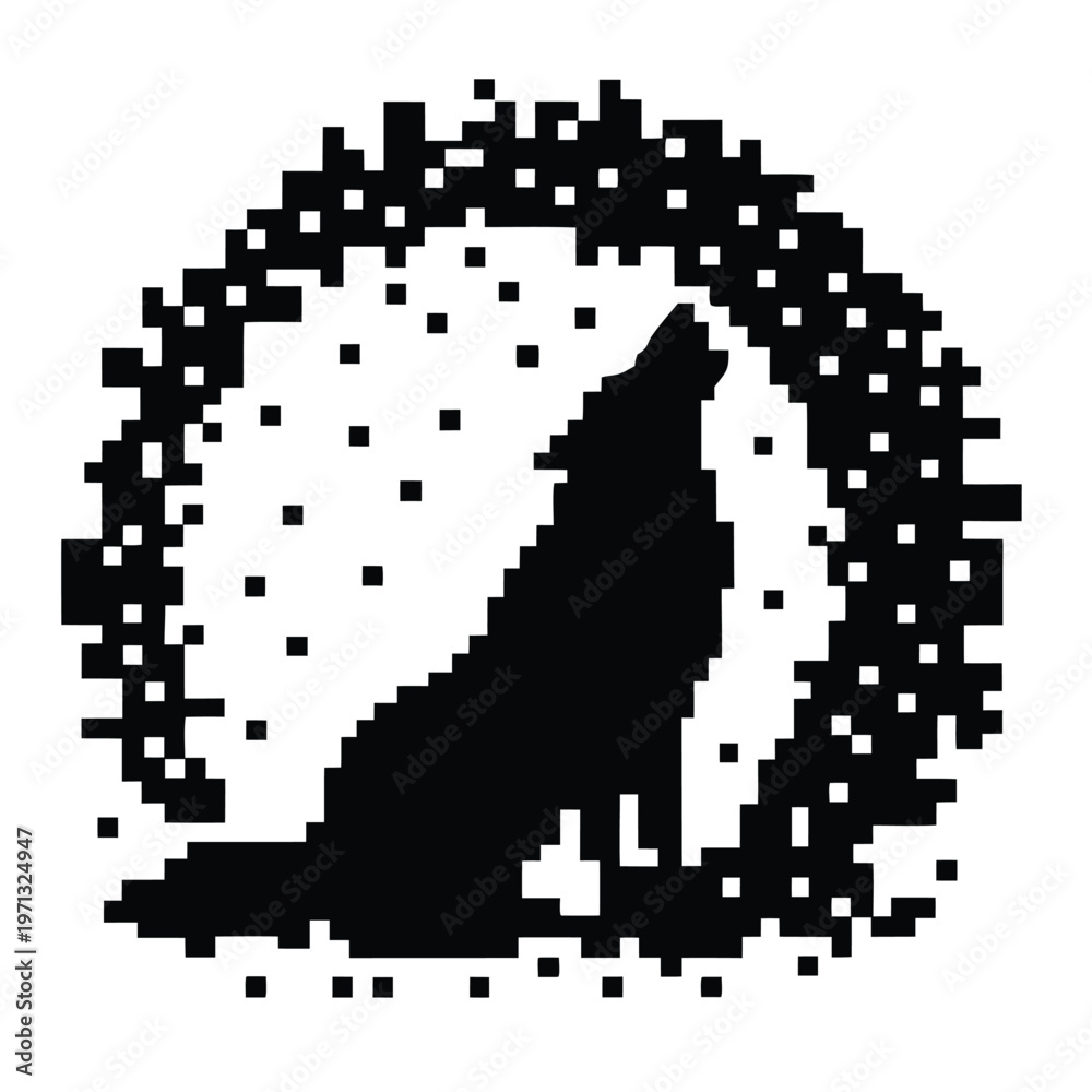 Fototapeta premium Pixel Art Howling Fox Silhouette Black and White Vector Illustration for Game Design