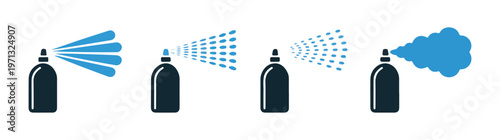 Set of spray icons vector illustration, various forms of liquid release from spray bottle silhouette.