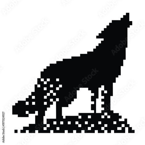 Pixel Art Howling Fox Silhouette Black and White Vector Illustration for Game Design