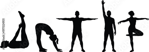 Black silhouette vector collection of diverse people practicing yoga, stretching, and gymnastic poses for fitness, wellness, and healthy active lifestyle.