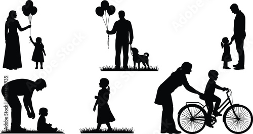 Full length back view of family with child walking together wearing winter jackets, beanies, and backpacks for seasonal travel adventures.